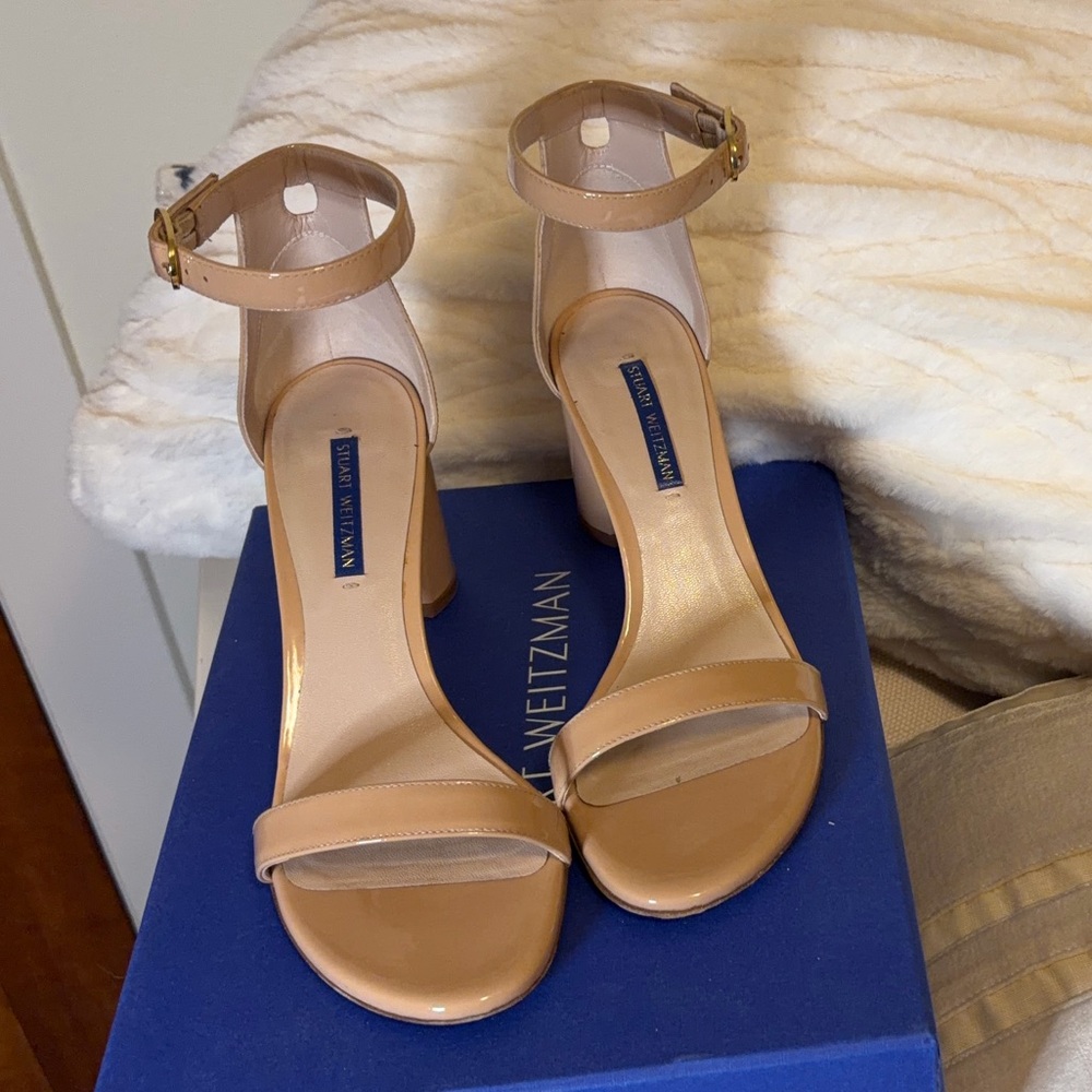 Stuart Weitzman “Nudist” patent Ankle Strap block Heels